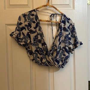 White and blue paisley crop top